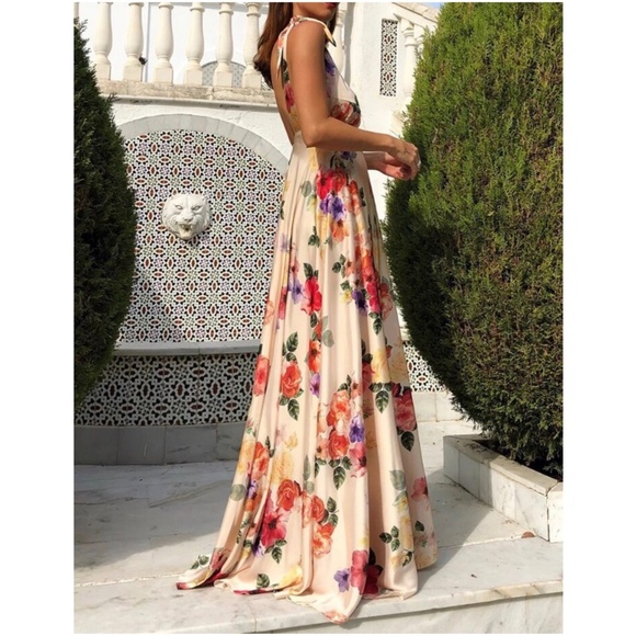 Floral Print Shoulder Tie backless Bridal Wedding Summer Maxi Dress - Picture 5 of 11